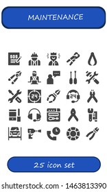 maintenance icon set. 25 filled maintenance icons.  Collection Of - Support, Worker, Pliers, Plier, Supporter, Screwdriver, Tools, Repair, Configuration, Wrench, Repairing, Wheel pressure