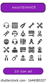 maintenance icon set. 25 filled maintenance icons. Included Support, Repair, Pliers, Wrench, Worker, Configuration, Tool, Tools, Becquer, Screwdriver icons