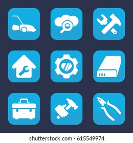 Maintenance icon. set of 9 filled maintenance icons such as toolbox, hummer and wrench, pliers, hummer, lawn mower, heart in gear, battery, home repair
