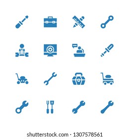 maintenance icon set. Collection of 16 filled maintenance icons included Wrench, Tools, Lawn mower, Toolbox, Screwdriver, Worker, Configuration