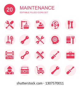 maintenance icon set. Collection of 20 filled maintenance icons included Tools, Maintenance, Worker, Telemarketing, Wrench, Fixed, Configuration, Toolbox, Screwdriver, Lawn mower
