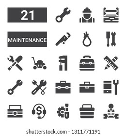 maintenance icon set. Collection of 21 filled maintenance icons included Worker, Toolbox, Screwdriver, Telemarketing, Configuration, Wrench, Tools, Lawn mower, Tool