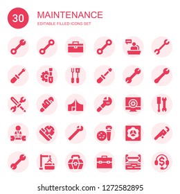 maintenance icon set. Collection of 30 filled maintenance icons included Wrench, Toolbox, Worker, Screwdriver, Tools, Tool, Configuration, Service, Preferences, Maintenance, Telemarketing