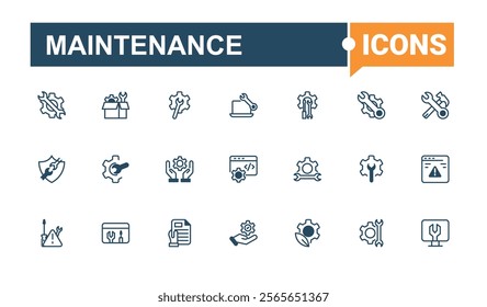 Maintenance icon set. Containing engineer, industrial, electrical, dust, cleaning, tool, scrubbing and more. Web icons. Vector line and solid icons.