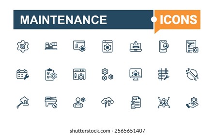 Maintenance icon set. Containing engineer, industrial, electrical, dust, cleaning, tool, scrubbing and more. Web icons. Vector line and solid icons.