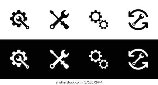 Maintenance icon set. Flat design icon collection isolated on black and white background. Recover, installation, restoration, rebuild, and fixing problem.