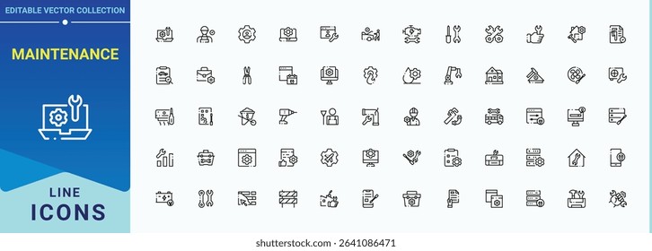 Maintenance icon set. Tool icon set. Minimalist linear icons. Featuring tool, service, cleaning, industrial, repair and more. Vector collections.