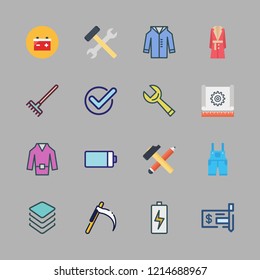 maintenance icon set. vector set about rake, battery, check and mower icons set.