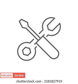 Icono de mantenimiento. Estilo de contorno simple. Herramienta, llave y destornillador, señal de spanner. Concepto de servicios para el hogar. Símbolo de ilustración de vector de línea delgada aislado en fondo blanco. EPS de trazo editable 10.