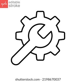 icono de mantenimiento. estilo de esquema de configuración web. Herramientas de servicio con engranajes y llave para el logotipo de configuración de servicio. marca el signo de ingeniería. diseño de ilustración de vector de trazo editable sobre fondo blanco EPS 10