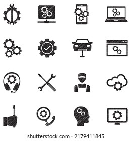 Maintenance Icons. Black Scribble Design. Vector Illustration.