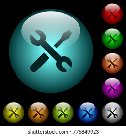 Maintenance icons in color illuminated spherical glass buttons on black background. Can be used to black or dark templates