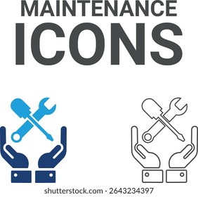 Maintenance icons, Line art icons containing fix, home, car repair, maintenance, toolbox, and repairman service icons. Solid icon collection. Vector illustration.