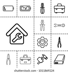 Maintenance icons. set of 13 editable outline maintenance icons such as toolbox, pliers, hummer, heart in gear, battery, low battery, broken battery, home repair