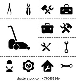 Maintenance icons. set of 13 editable filled maintenance icons such as toolbox, wrench, pliers, wrench and screwdriver, heart in gear, home repair, worker