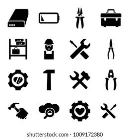 Maintenance icons. set of 16 editable filled maintenance icons such as toolbox, worker, pliers, wrench and screwdriver, wrench hummer, heart in gear, search cloud, battery