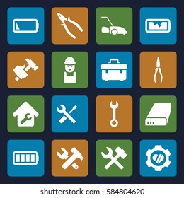 maintenance icons set. Set of 16 maintenance filled icons such as toolbox, wrench, worker, hummer and wrench, pliers, hummer, lawn mower, heart in gear, battery, ful battery