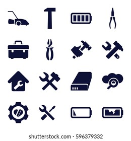 maintenance icons set. Set of 16 maintenance filled icons such as toolbox, hummer and wrench, pliers, hummer, wrench and screwdriver, lawn mower, heart in gear, battery