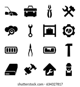 Maintenance icons set. set of 16 maintenance filled icons such as luggage storage, toolbox, wrench, worker, pliers, hummer, lawn mower, heart in gear, battery, ful battery