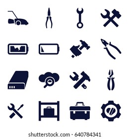 Maintenance icons set. set of 16 maintenance filled icons such as luggage storage, toolbox, wrench, hummer and wrench, pliers, hummer, lawn mower, heart in gear, battery