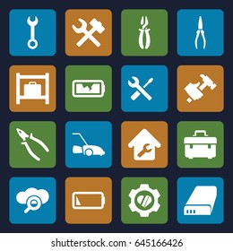 Maintenance icons set. set of 16 maintenance filled icons such as luggage storage, toolbox, wrench, pliers, hummer, wrench and screwdriver, lawn mower, heart in gear, battery