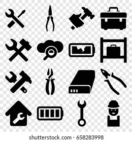 Maintenance icons set. set of 16 maintenance filled icons such as luggage storage, toolbox, wrench, worker, hummer and wrench, pliers, hummer, battery, ful battery
