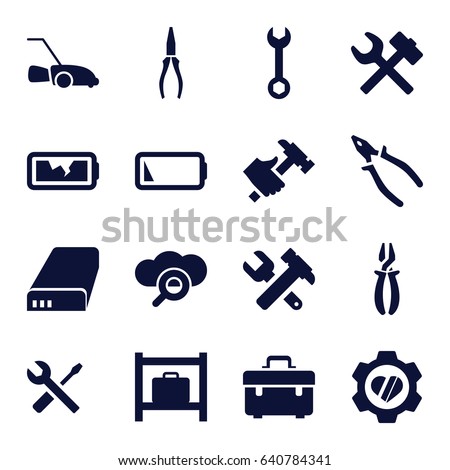 Maintenance icons set. set of 16 maintenance filled icons such as luggage storage, toolbox, wrench, hummer and wrench, pliers, hummer, lawn mower, heart in gear, battery