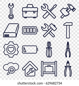Maintenance icons set. set of 16 maintenance outline icons such as luggage storage, toolbox, wrench, pliers, hummer, wrench and screwdriver, heart in gear, battery