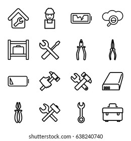 Maintenance icons set. set of 16 maintenance outline icons such as luggage storage, toolbox, wrench, worker, hummer and wrench, pliers, hummer, battery, low battery