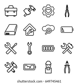 Maintenance icons set. set of 16 maintenance outline icons such as toolbox, wrench, worker, hummer and wrench, pliers, hummer, heart in gear, battery, ful battery, home repair