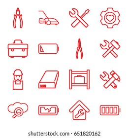 Maintenance icons set. set of 16 maintenance outline icons such as luggage storage, toolbox, worker, hummer and wrench, pliers, wrench and screwdriver, lawn mower