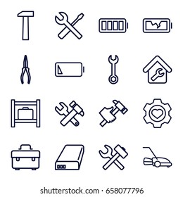 Maintenance icons set. set of 16 maintenance outline icons such as luggage storage, toolbox, wrench, hummer and wrench, pliers, hummer, lawn mower, heart in gear, battery