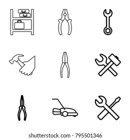 Maintenance icons. set of 9 editable outline maintenance icons such as wrench, pliers, wrench and screwdriver, wrench hummer, lawn mower, luggage storage