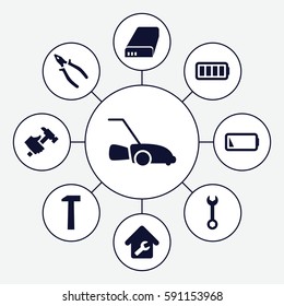 Maintenance Icons Set. Set Of 9 Maintenance Filled Icons Such As Wrench, Pliers, Hummer, Lawn Mower, Battery, Ful Battery, Low Battery