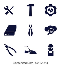 maintenance icons set. Set of 9 maintenance filled icons such as worker, pliers, wrench and screwdriver, lawn mower, heart in gear, battery, hummer