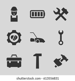 Maintenance icons set. set of 9 maintenance filled icons such as toolbox, wrench, worker, hummer, lawn mower, heart in gear, ful battery