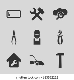 Maintenance icons set. set of 9 maintenance filled icons such as worker, pliers, lawn mower, low battery, home repair, hummer, wrench hummer