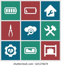 Maintenance icons set. set of 9 maintenance filled icons such as luggage storage, pliers, heart in gear, ful battery, low battery, broken battery, home repair, wrench hummer