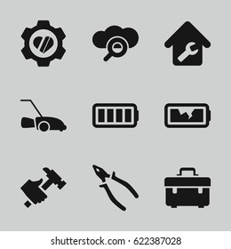 Maintenance icons set. set of 9 maintenance filled icons such as toolbox, pliers, hummer, lawn mower, heart in gear, ful battery, broken battery, home repair