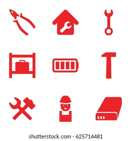 Maintenance icons set. set of 9 maintenance filled icons such as luggage storage, wrench, worker, pliers, battery, ful battery, home repair, hummer