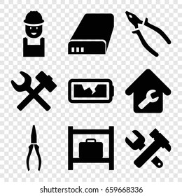 Maintenance icons set. set of 9 maintenance filled icons such as luggage storage, worker, hummer and wrench, pliers, battery, broken battery, home repair