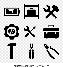 Maintenance icons set. set of 9 maintenance filled icons such as luggage storage, toolbox, pliers, wrench and screwdriver, heart in gear, broken battery, hummer