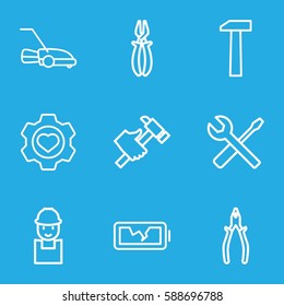 maintenance icons set. Set of 9 maintenance outline icons such as worker, pliers, hummer, wrench and screwdriver, lawn mower, heart in gear