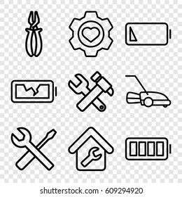 Maintenance Icons Set. Set Of 9 Maintenance Outline Icons Such As Hummer And Wrench, Pliers, Wrench And Screwdriver, Lawn Mower, Heart In Gear, Ful Battery, Low Battery