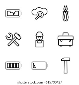 Maintenance icons set. set of 9 maintenance outline icons such as toolbox, worker, pliers, ful battery, low battery, broken battery, hummer, wrench hummer