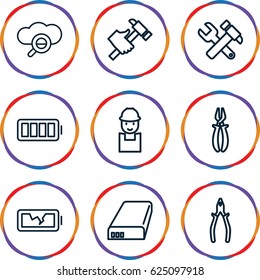 Maintenance icons set. set of 9 maintenance outline icons such as worker, hummer and wrench, pliers, hummer, battery, ful battery, broken battery