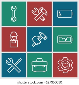 Maintenance icons set. set of 9 maintenance outline icons such as toolbox, wrench, worker, hummer and wrench, hummer, wrench and screwdriver, heart in gear, low battery