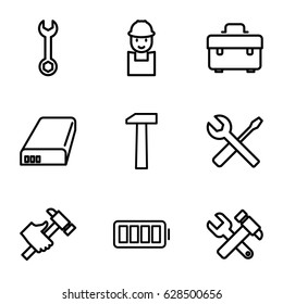 Maintenance icons set. set of 9 maintenance outline icons such as toolbox, wrench, worker, hummer and wrench, hummer, wrench and screwdriver, battery