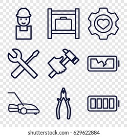 Maintenance icons set. set of 9 maintenance outline icons such as luggage storage, worker, pliers, hummer, wrench and screwdriver, lawn mower, heart in gear, ful battery