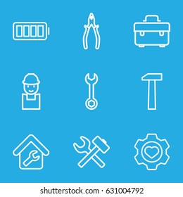 Maintenance icons set. set of 9 maintenance outline icons such as toolbox, wrench, worker, pliers, heart in gear, ful battery, home repair, hummer